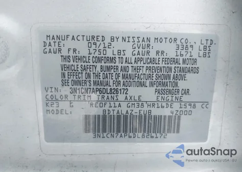 2013 Nissan Versa 1.6 S+ from USA, damaged, VIN 3N1CN7AP6DL826172